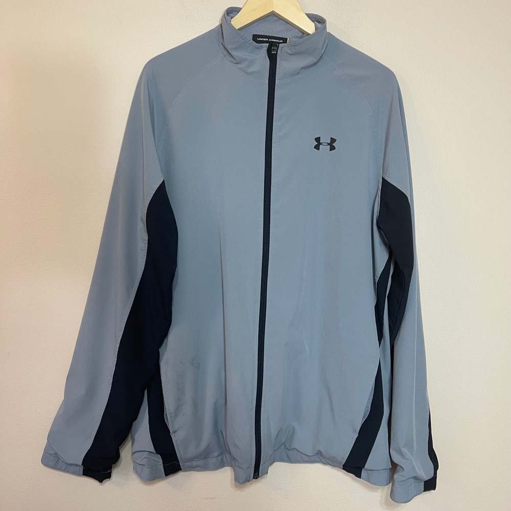 Under Armour Mens XL Full Zip Jacket Gray‎ Black Mesh Lined Windbreaker Loose